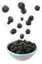 Delicious ripe blackberries falling into bowl on background Royalty Free Stock Photo