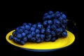 Delicious ripe blue grapes served in a yellow porcelain round plate against dark background Royalty Free Stock Photo