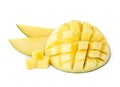Delicious ripe mango cut into cubes and slices isolated Royalty Free Stock Photo