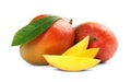Delicious ripe mangoes on white background. Royalty Free Stock Photo