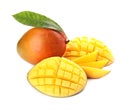 Delicious ripe mangoes on white background. Royalty Free Stock Photo