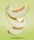 Delicious ripe melon slices falling on light green background Royalty Free Stock Photo