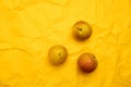 Close up of juicy organic plums on yellow background, copy space. Top view, flat lay. Summer cherry plum. Food pattern Royalty Free Stock Photo