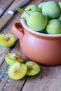 Delicious ripe plums in pot