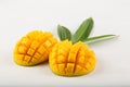 Delicious ripe sweet mango on white background. Royalty Free Stock Photo