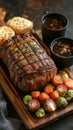 A Delicious Roast Beef Dinner, Complete With Roasted Vegetables, Biscuits, And Gravy, Is Presented On A Rustic Wooden Board. It Royalty Free Stock Photo