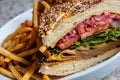 Roast Beef sandwich with french fries on artisanal bread with chopped red onions, cheese, lettuce and tomato Royalty Free Stock Photo