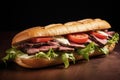 A delicious roast beef sandwich with swiss cheese, lettuce and tomato on a bread baguette on wooden table Royalty Free Stock Photo