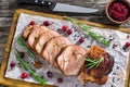 Delicious roast in oven turkey roulade cut in slices