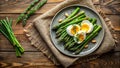 Delicious roasted asparagus and soft boiled eggs on rustic wooden table. Generative AI Royalty Free Stock Photo