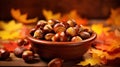 Delicious roasted chestnuts in a warm bowl with open flame, perfect autumnal snack