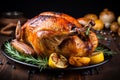 Delicious roasted chicken with crispy golden crust beautifully served on a stylishly set table