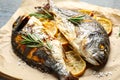 Delicious roasted fish with lemon on parchment paper