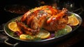 Delicious roasted holiday turkey baked in the oven with oranges or grilled