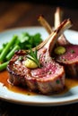 Delicious roasted lamb chops with herb butter and green beans on a plate. Generative AI Royalty Free Stock Photo