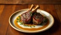 Delicious roasted lamb chops with savory reduction sauce on elegant plate. Generative AI Royalty Free Stock Photo