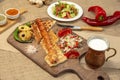 Delicious roasted meatballs on wooden board stock photo