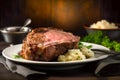 Delicious roasted medium rare prime rib on a plate served with mashed potatoes. Traditional American cuisine holiday food concept Royalty Free Stock Photo