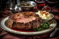 Delicious roasted medium rare prime rib on a plate served with mashed potatoes. Traditional American cuisine holiday food concept