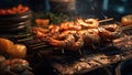 Delicious roasted shrimps on skewers with sauce and lemon, Grilled prawn salad fresh healthy and gourmet