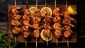 Delicious roasted shrimps on skewers with sauce and lemon, Grilled prawn salad fresh healthy and gourmet