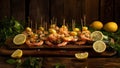 Delicious roasted shrimps on skewers with sauce and lemon, Grilled prawn salad fresh healthy and gourmet