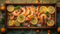 Delicious roasted shrimps on skewers with sauce and lemon, Grilled prawn salad fresh healthy and gourmet