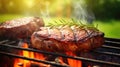 Delicious roasted steak with rosemary cooking on a flaming barbecue grill