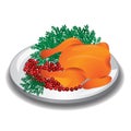 Delicious roasted turkey or chicken served on a plate with cranberry and parsley garnish.