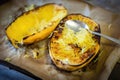 Delicious roasted yellow spaghetti squash in pan.