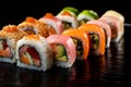 A delicious roll containing salmon, tuna, and avocado.