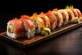 A delicious roll featuring salmon, tuna, and avocado.