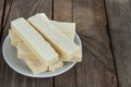 Delicious Russian waffles on a wooden background in a rustic style, close-up