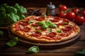 Delicious Rustic Pizza with Pepperoni and Basil on Wooden Table AI Generated