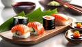 Delicious Sake Nigiri Sushi dish isolated on white background. National cuisine.