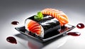 Delicious Sake Nigiri Sushi dish isolated on white background. National cuisine.