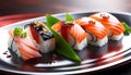 Delicious Sake Nigiri Sushi dish isolated on white background. National cuisine.