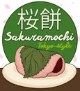 Delicious Sakuramochi in Tokyo-style with Round Label for Hanami Festival, Vector Illustration