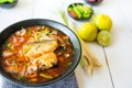 Delicious salad canned fish with vegetables of herbs, lemon, lemongrass, kaffir lime leaves, Shallot, pepper.  thai food Royalty Free Stock Photo