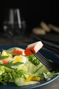 Delicious salad with crab sticks and lettuce on dark blue plate, closeup Royalty Free Stock Photo