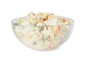 Delicious salad with fresh crab sticks in glass bowl on white background Royalty Free Stock Photo