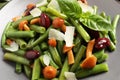 Delicious salad with green beans, mushrooms and cheese on plate, closeup Royalty Free Stock Photo