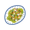 Delicious Salad with Lettuce, Eggs, Olives and Peace on Plate, Fresh Healthy Food, Top View Vector Illustration