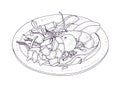 Delicious salad with seafood and vegetables on plate hand drawn with contour lines on white background. Wholesome meal