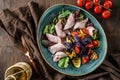 Delicious salad with sliced of turkey ham, grilled zucchini, tomatoes, basil, greens, olives and oil in bowl on wooden background Royalty Free Stock Photo