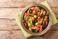 Delicious salad of tomatoes and green peppers Chlada felfel with anchovies and olives close-up in a bowl. horizontal top view Royalty Free Stock Photo