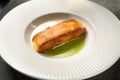 Delicious salmon filet and two sauces on a white plate. High angle shot of a healthy meal Royalty Free Stock Photo