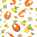 Delicious salmon, king shrimp and exotic oysters in seamless pattern