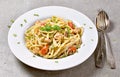 Delicious salmon pasta dish, tagliatelle or linguine noodles