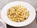 Delicious salmon pasta dish, tagliatelle or linguine noodles Royalty Free Stock Photo